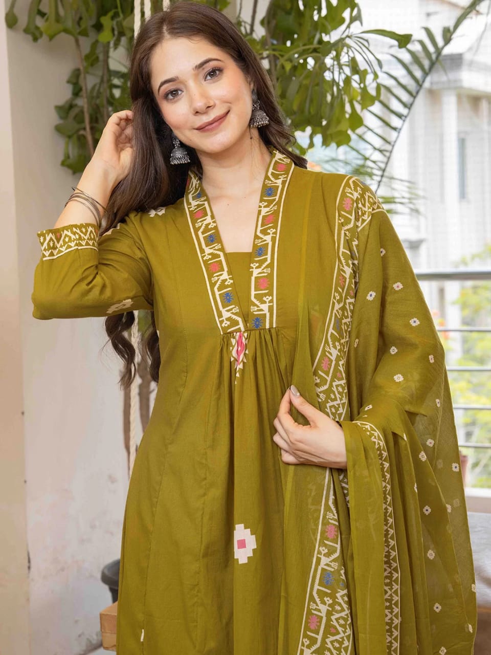Sm olive green printed kurta set