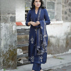 Navy Blue Printed Cotton Kurta and Pant Set with Mulmul Dupatta