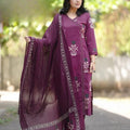 Maroon Printed Cotton Kurta and Pant Set with Mulmul Dupatta