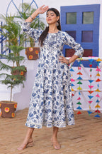 White Blue Embroidered Rayon Anarkali Gown