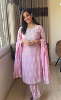 Pink Embroidered Cotton Suit Set With Printed Mulmul Dupatta