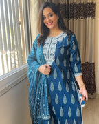 Dusk Blue Embroidered Cotton Suit Set with Printed Mulmul Dupatta