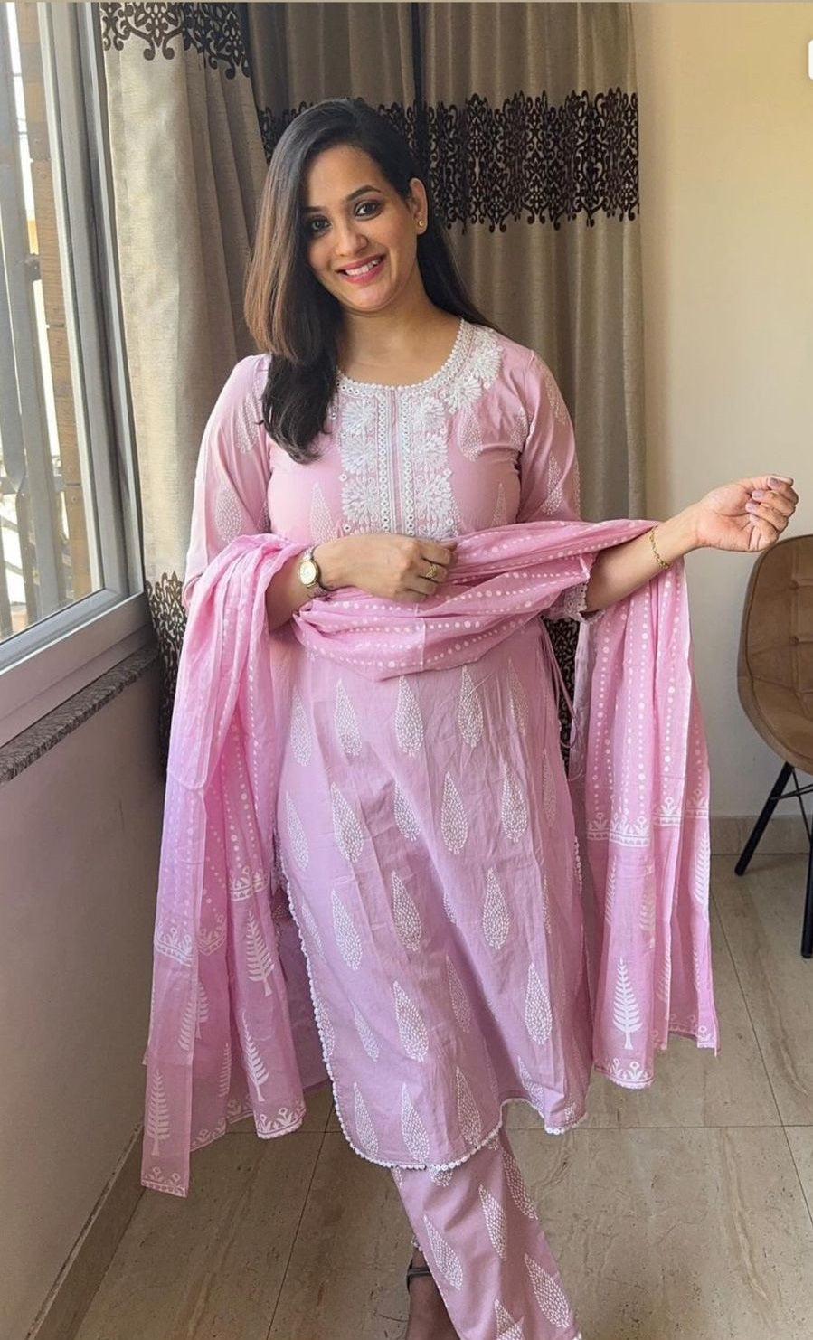 Pink Embroidered Cotton Suit Set With Printed Mulmul Dupatta