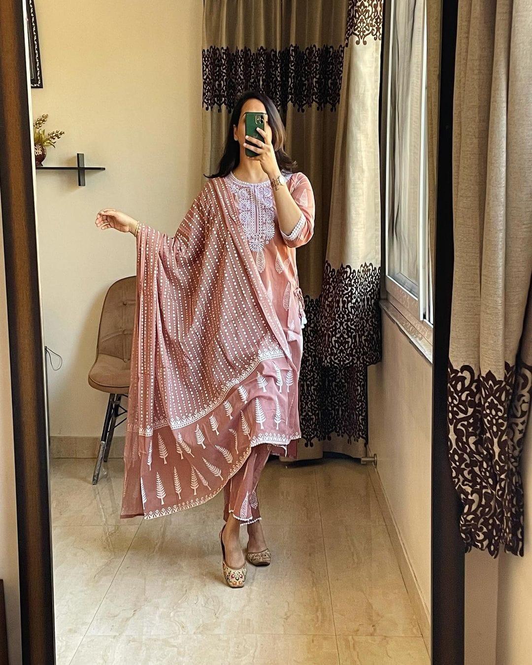 Rosy Brown Embroidered Cotton Suit Set With Printed Mulmul Dupatta