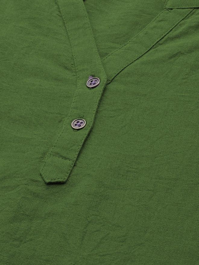 Green Cotton Linen Roll Up Sleeves Short Kurta