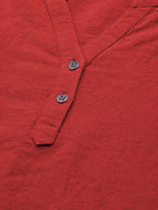 Red Cotton Linen Roll Up Sleeves Short Kurta