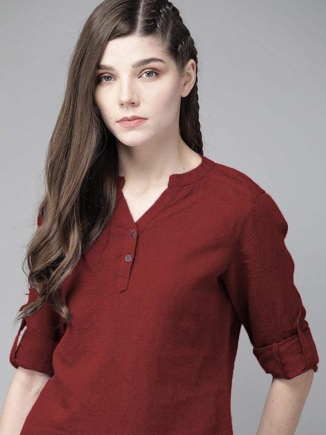 Maroon Cotton Linen Roll Up Sleeves Short Kurta