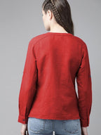 Red Cotton Linen Roll Up Sleeves Short Kurta