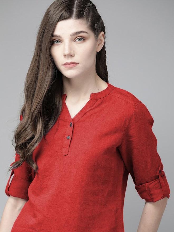 Red Cotton Linen Roll Up Sleeves Short Kurta