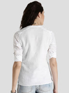 White Cotton Linen Roll Up Sleeves Short Kurta