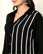 Black Embroidered Rayon A-line Midi Dress