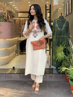 Off White Embroidered Cotton Flex Kurta and Pant Set