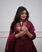 Maroon Embroidered Cotton Suit Set with Dupatta