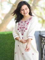 Off White Embroidered Cotton Kurta and Pant Set