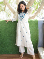 Off White Embroidered Cotton Kurta and Pant Set