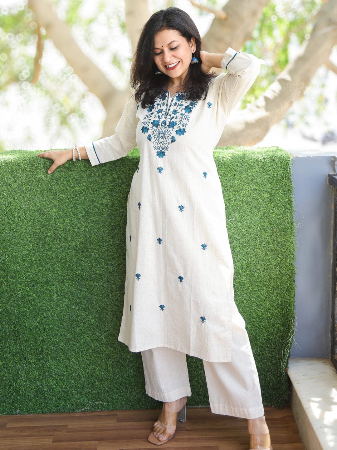 Off White Embroidered Cotton Kurta and Pant Set