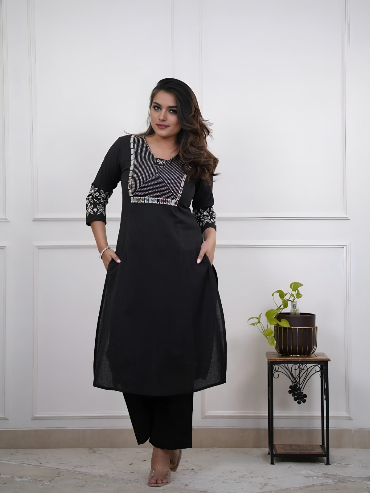 Off White Embroidered Cotton Kurta and Pant Set