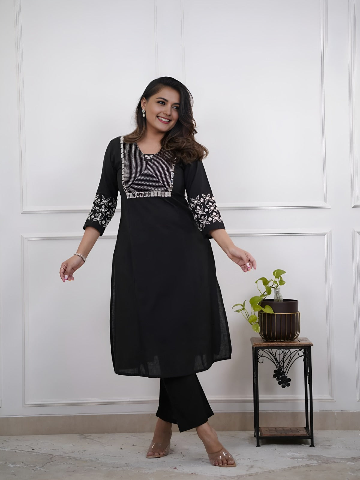 Off White Embroidered Cotton Kurta and Pant Set