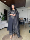 Black Printed Cotton Kurta and Palazzo Set with Dupatta