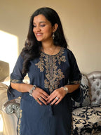 Navy Blue Embroidered Cotton Kurta and Pant Set with Dupatta