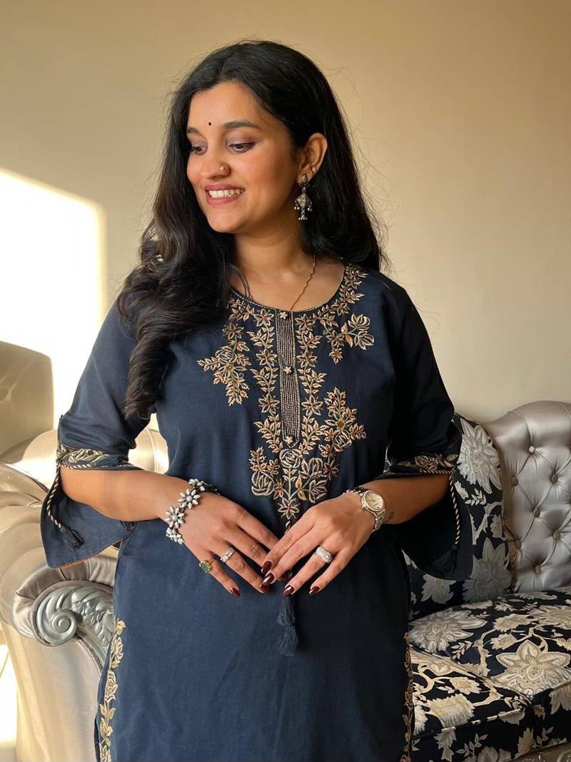 Navy Blue Embroidered Cotton Kurta and Pant Set with Dupatta