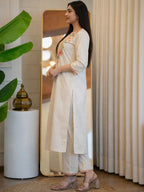 Off White Embroidered Cotton Flex Kurta and Pant Set