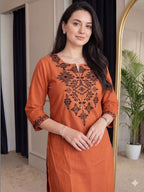 Rust Orange Embroidered Cotton Flex Kurta and Pant Set