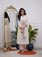 White Embroidered Cotton Flex Kurta and Pant Set