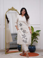 White Embroidered Cotton Flex Kurta and Pant Set