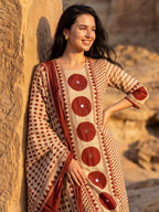 Beige Maroon Printed Cotton Kurta and Pant Set with Dupatta