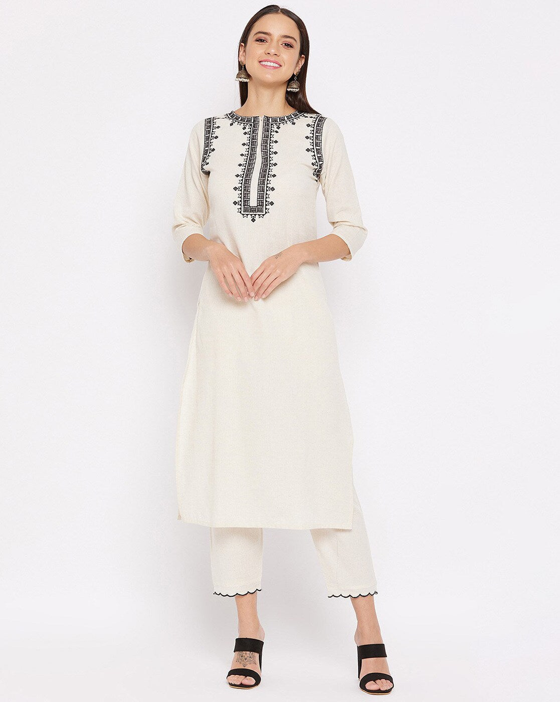 White Embroidered Cotton Flex Kurta and Pant Set
