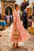 Beige Red Ethnic Motif Printed Cotton Gown