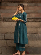 Teal Blue Lace Work Cotton Flex Kurta and Pant Set