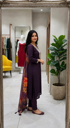 Purple Embroidered Roman Silk Suit Set with Dupatta