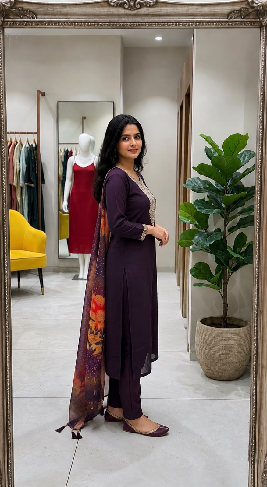 Purple Embroidered Roman Silk Suit Set with Dupatta