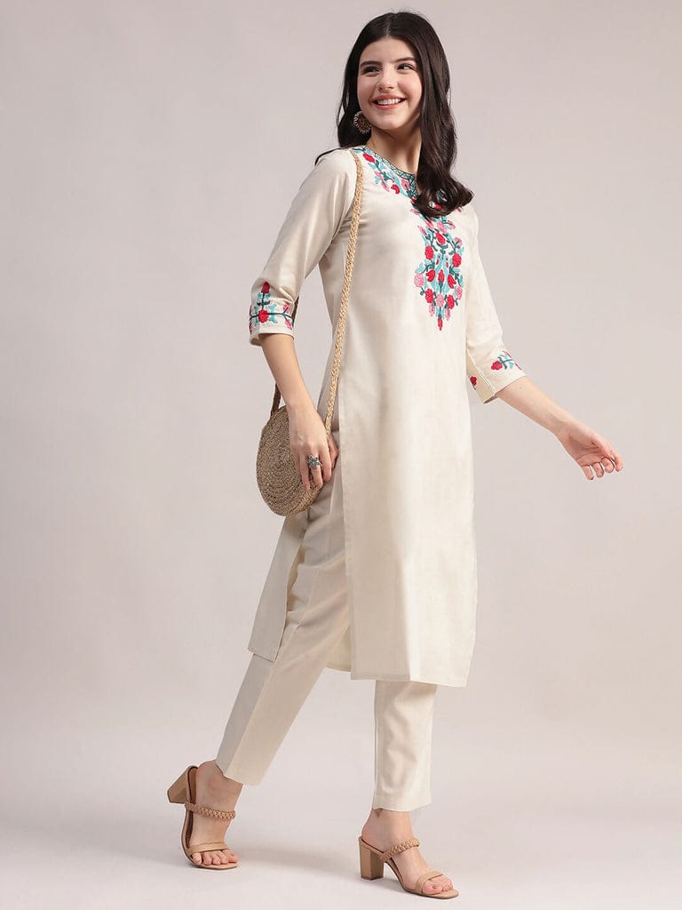 Off White Embriodered Cotton Flex Kurta and Pant Set