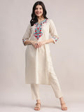 Off White Embriodered Cotton Flex Kurta and Pant Set
