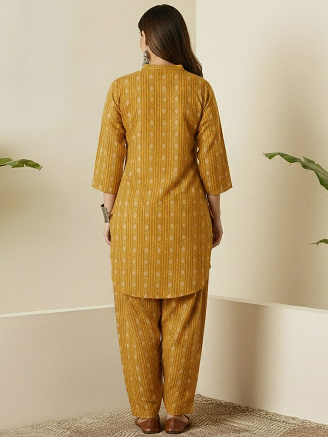 Indian Yellow Printed Katha Cotton Farsi Salwar Set