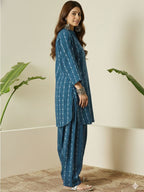 Teal Blue Printed Katha Cotton Farsi Salwar Set
