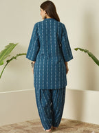 Teal Blue Printed Katha Cotton Farsi Salwar Set