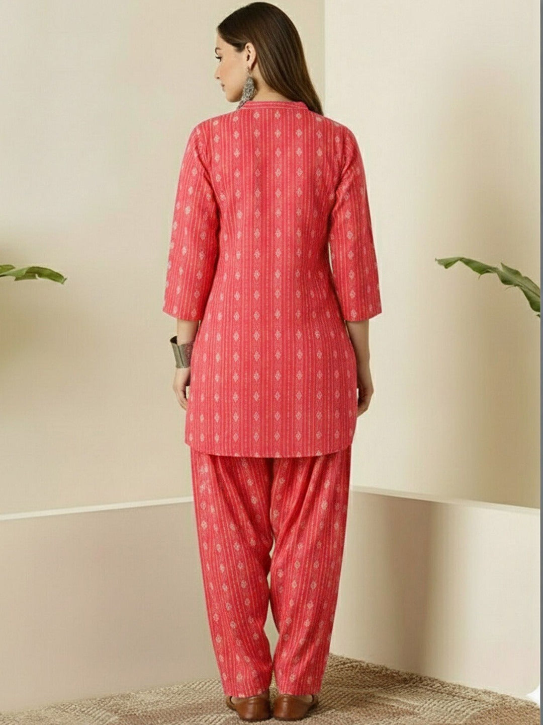 Pale Red Printed Katha Cotton Farsi Salwar Set