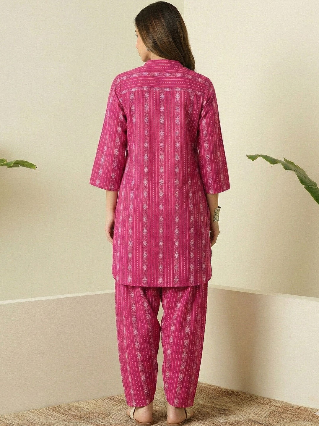 Deep Rose Printed Katha Cotton Farsi Salwar Set