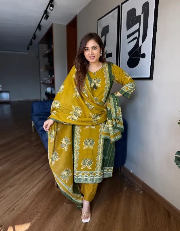 Brown Yellow Printed Handwork Kurta and Pant Set with Dupatta