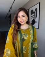 Brown Yellow Printed Handwork Kurta and Pant Set with Dupatta