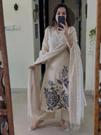 Off White Embroidered Cotton Flex Kurta and Pant Set with Dupatta