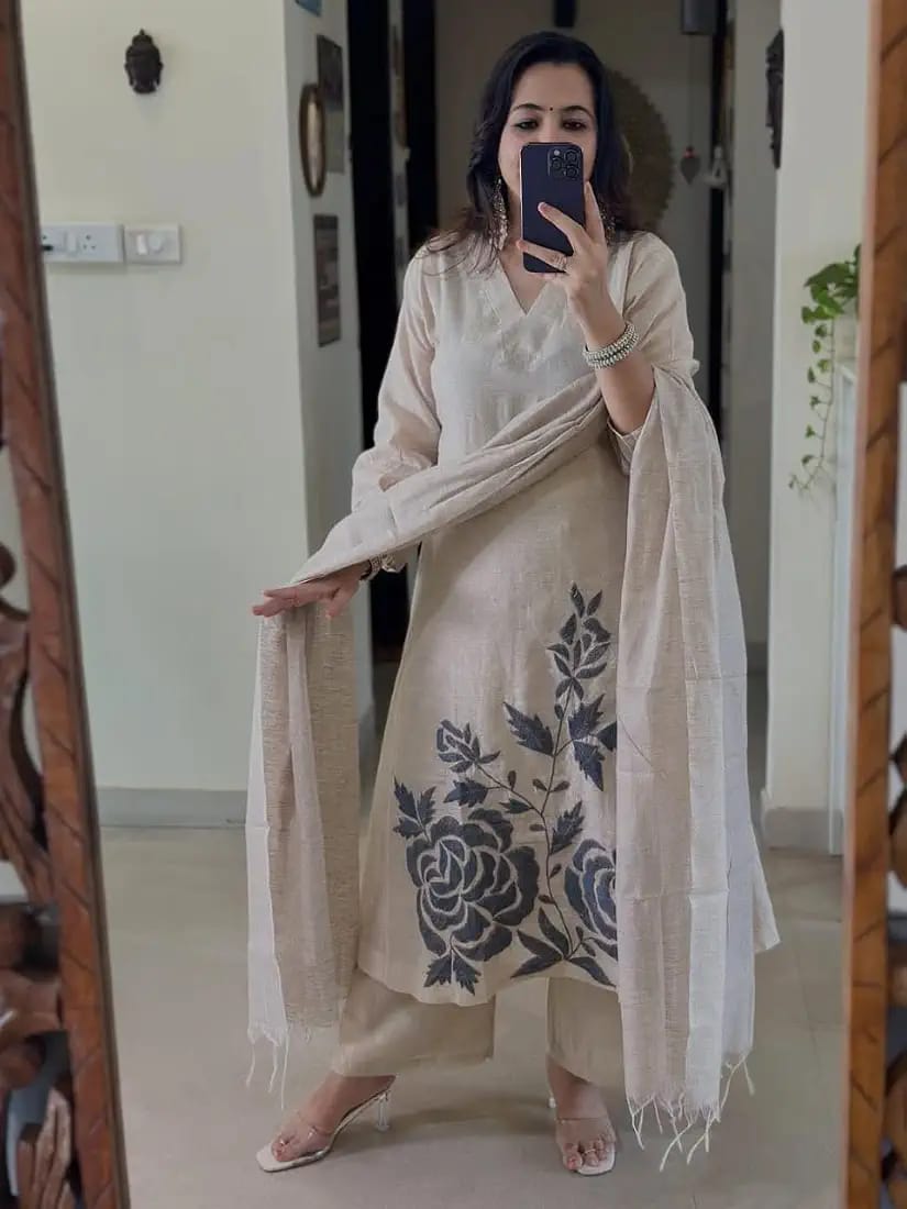 Off White Embroidered Cotton Flex Kurta and Pant Set with Dupatta