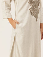 Off White Embroidered Cotton Flex Kurta and Pant Set