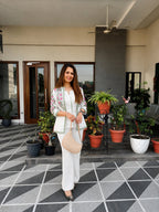 White Embroidered Cotton Flex Top and Pant Set with Jacket