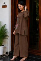 Brown Embroidered Cotton Co-Ord Set