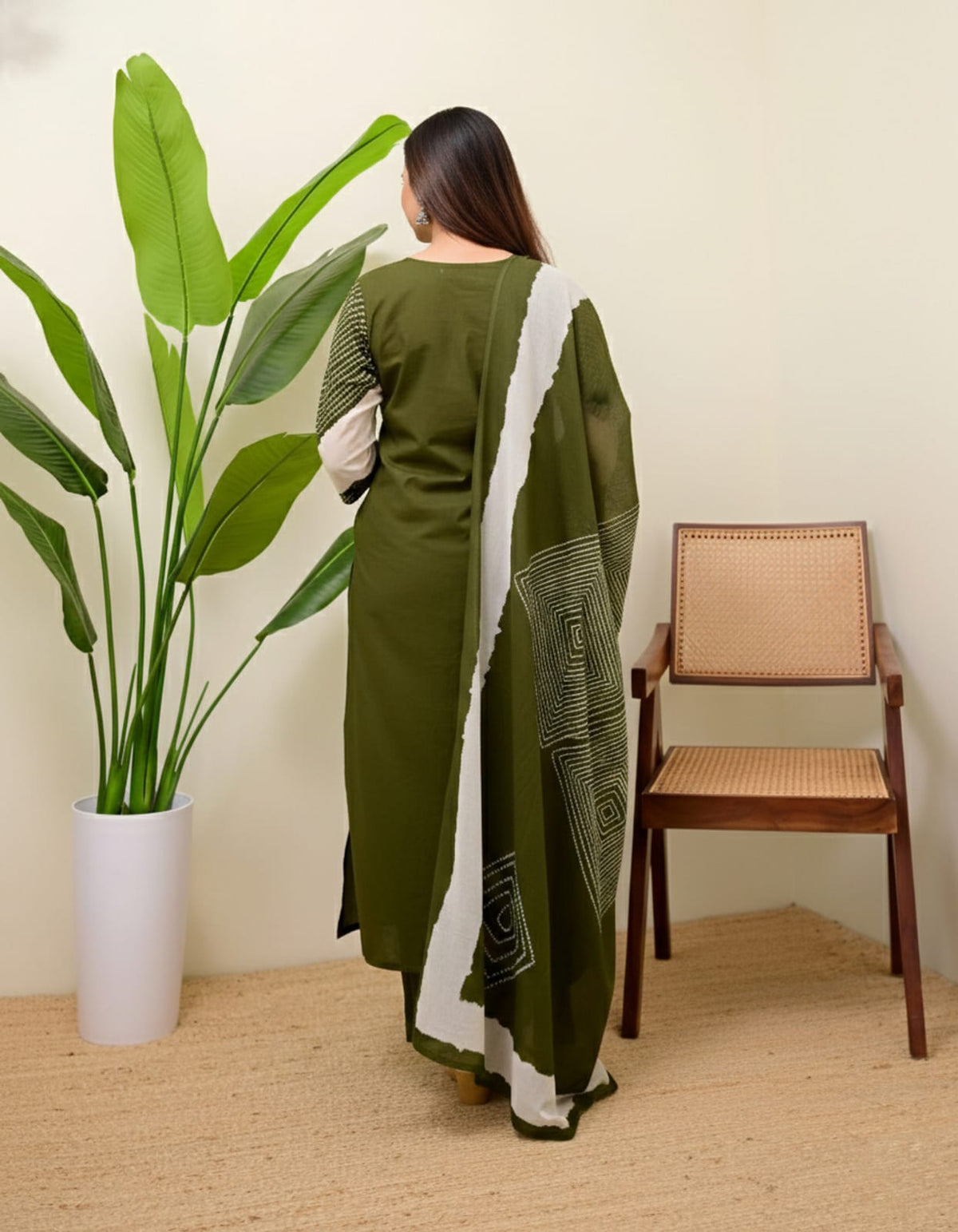 Green Mirror Work Cotton Kurta and Pant Set with Dupatta